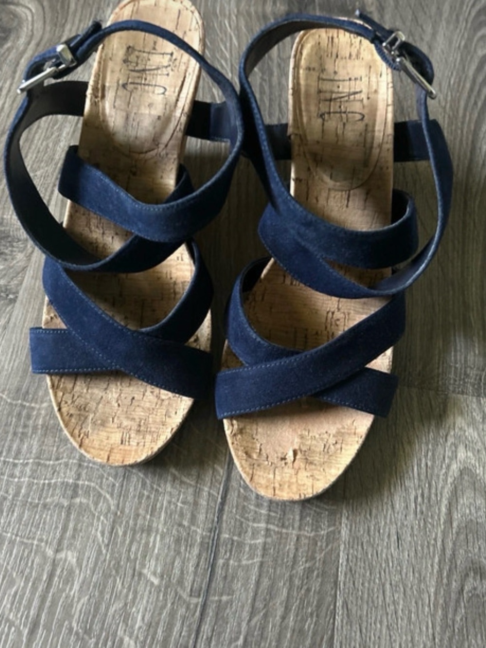 INC International Concepts Navy Suede Crisscross Wedge Sandals